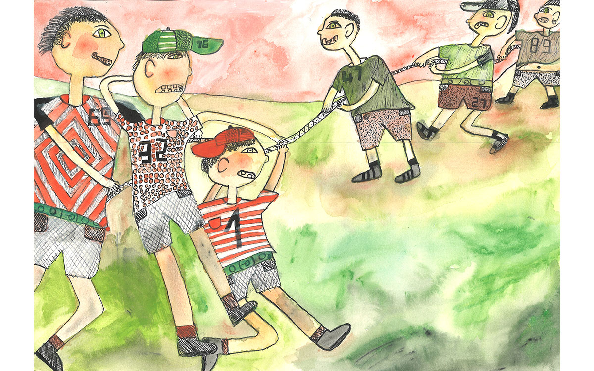 „Tauziehen – Zusammenhalt mit jeder Faser“, Leonard, 12 Jahre aus Pinneberg, eingereicht bei der VR Bank in Holstein eG, ©BVR <nobr>1. Platz / Altersgruppe 3</nobr>